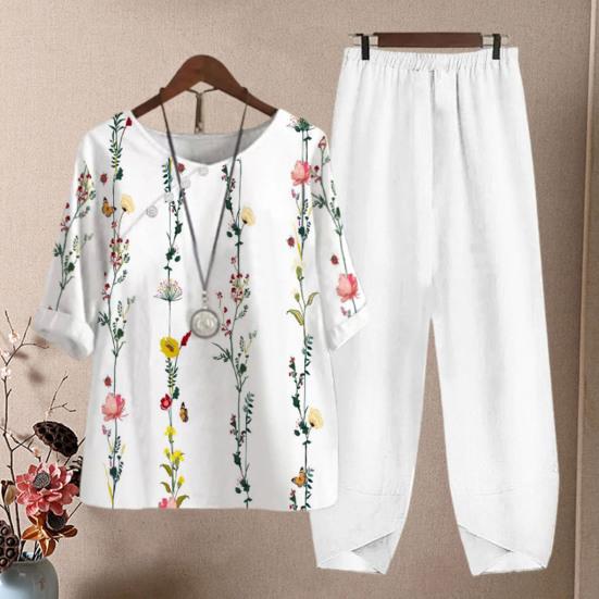 2 Pcs/Set Women T-shirt Pants Set Flower Print Elastic Waist Half Sleeves Round