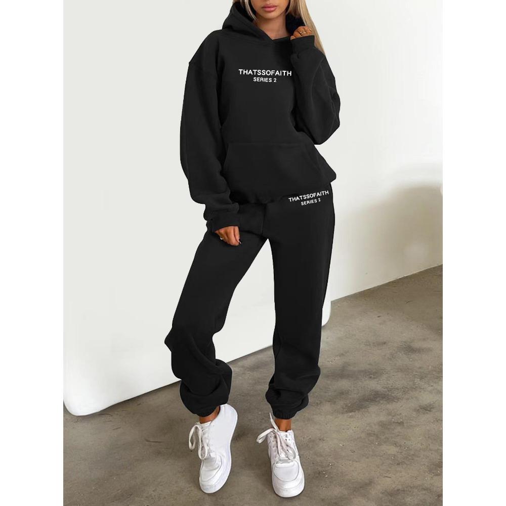 European-American Women's Fashion Letter Print Hoodie & Fleece Jogger Set