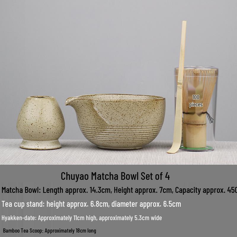 Japanese Ceramic Tea Ceremony Set: Matcha Bowl, Whisk Stand, Hyakuhon-Tate Whisk, and Scoop