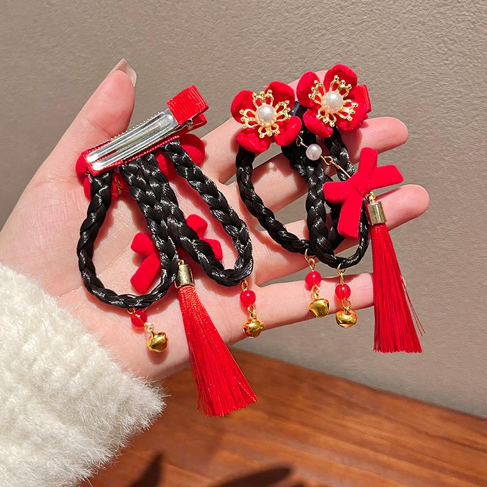 2pcs Chinese Style Children Red Hairclip Hanfu Headdress Bow Wig Braid Hairpin New Year Headwear