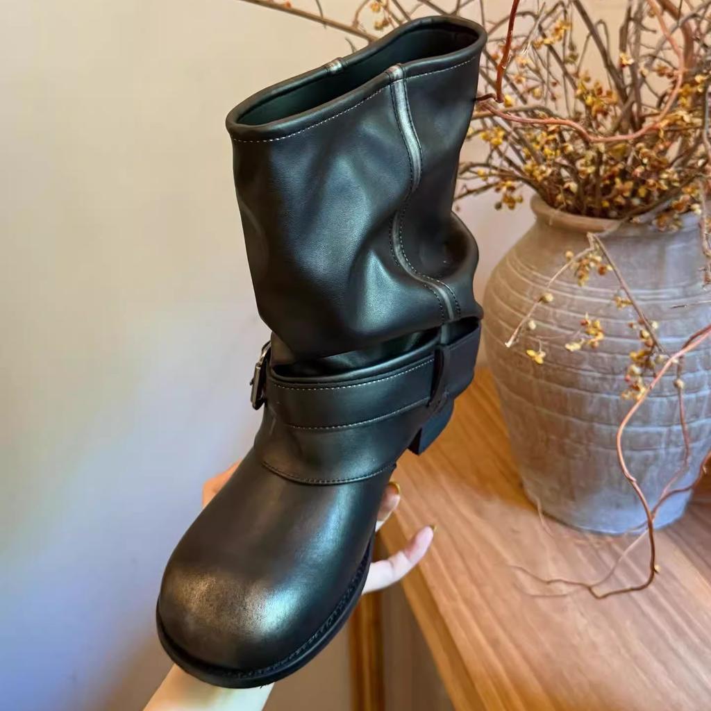 Cowhide version~ Korean niche pleated pile short boots women's autumn and winter round head thin wide trouser leg boots trendy cool Martin