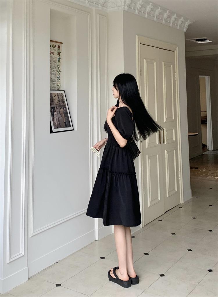 Plus Size French Bubble Sleeve Square Neck Summer Dress - Slimming Hepburn Style Little Black Dress