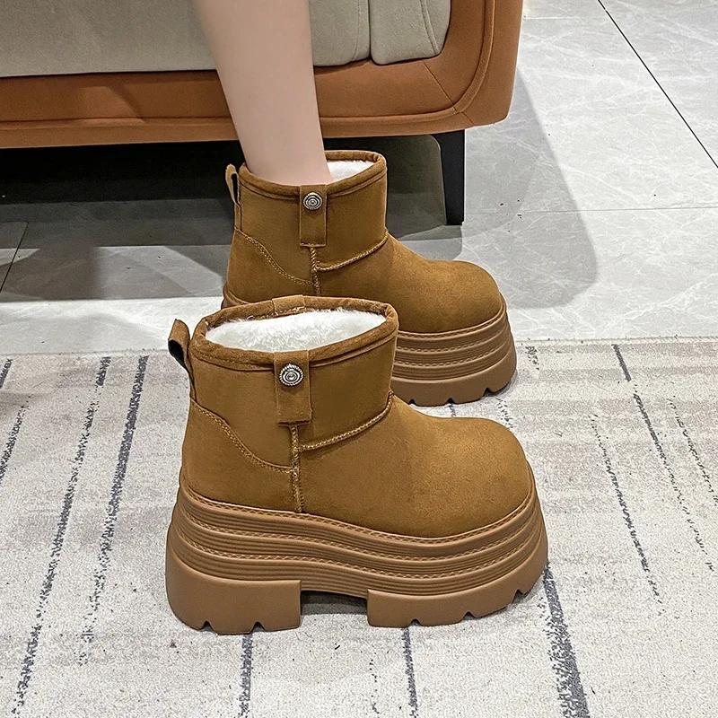 Fashion 10CM Women Snow Boots Non-slip Winter Warm Plush Short Boots Thick Fur High Platform Ankle Boots Suede Leather Chunky Sneakers