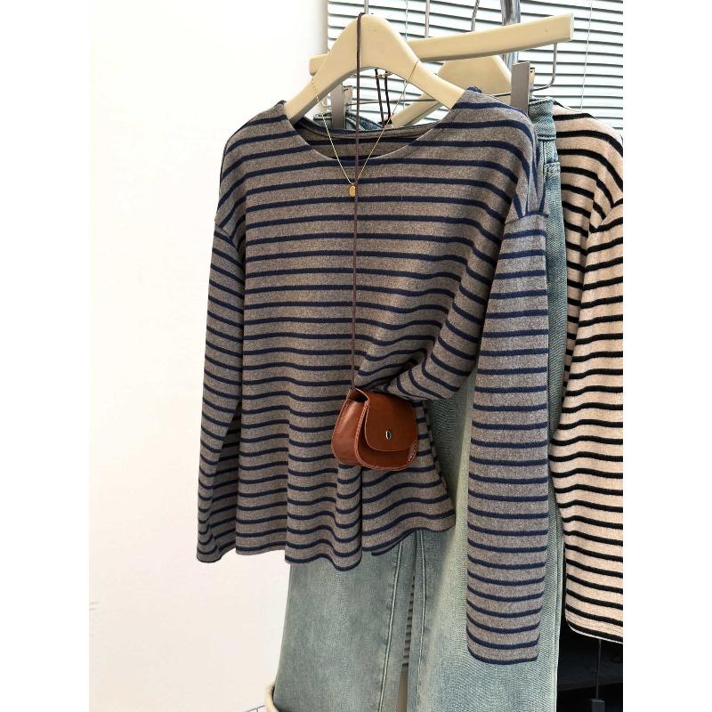 

Женская базовая футболка с длинным рукавом, отполированная ветром, осенне-зимняя, большого размера, свободная, полосатая, с круглым вырезом XL