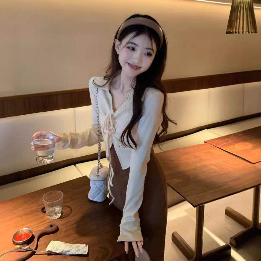 French Temperament Fake Two-piece Long-sleeved Dress for Women's Autumn Sexy Pure Desire Slim-fitting Waist-wrapped Hip-split Long Dress