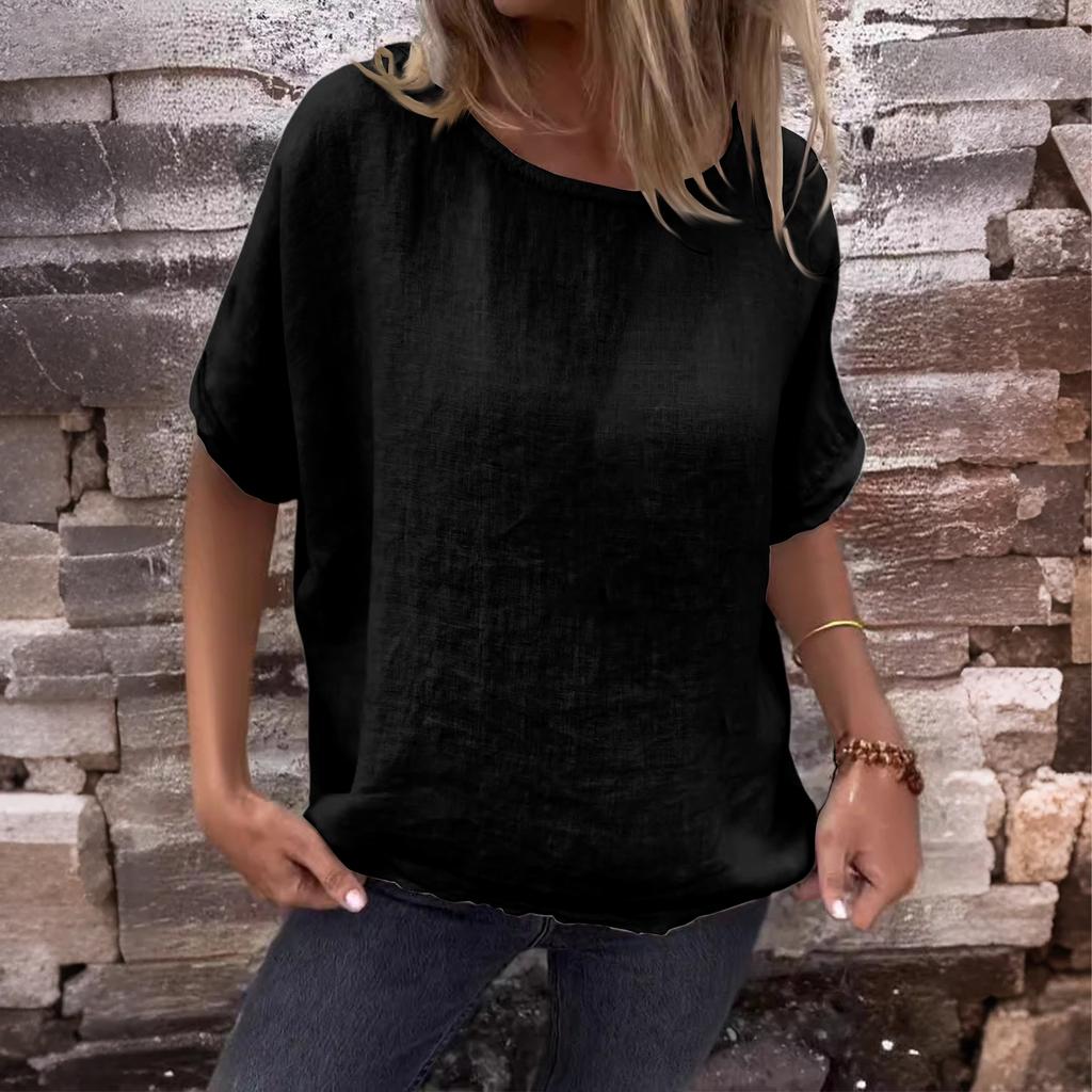 Damen Neu Rundhals Mittellange Ärmel Baumwolle Leinen Locker T-Shirt Top