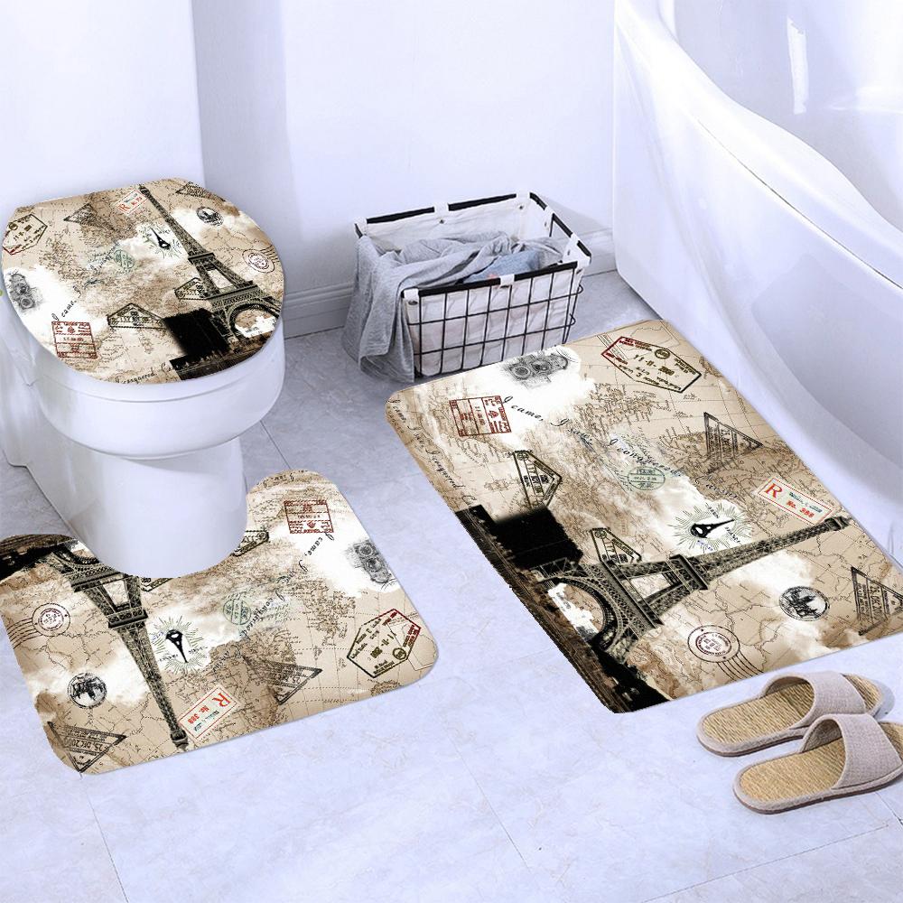 Vintage Scenery Paris Tower Home Decor Waterproof Shower Curtain Set With 12 Hooks Toilet Covers Bath Mats Bathroom Non-Slip Rug