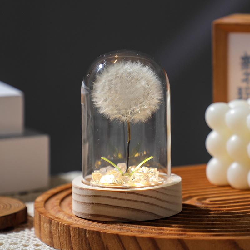 Luminous Dandelion Preserved Flower Bouquet Night Light in Glass Dome - Birthday Gift for Girls or Girlfriend