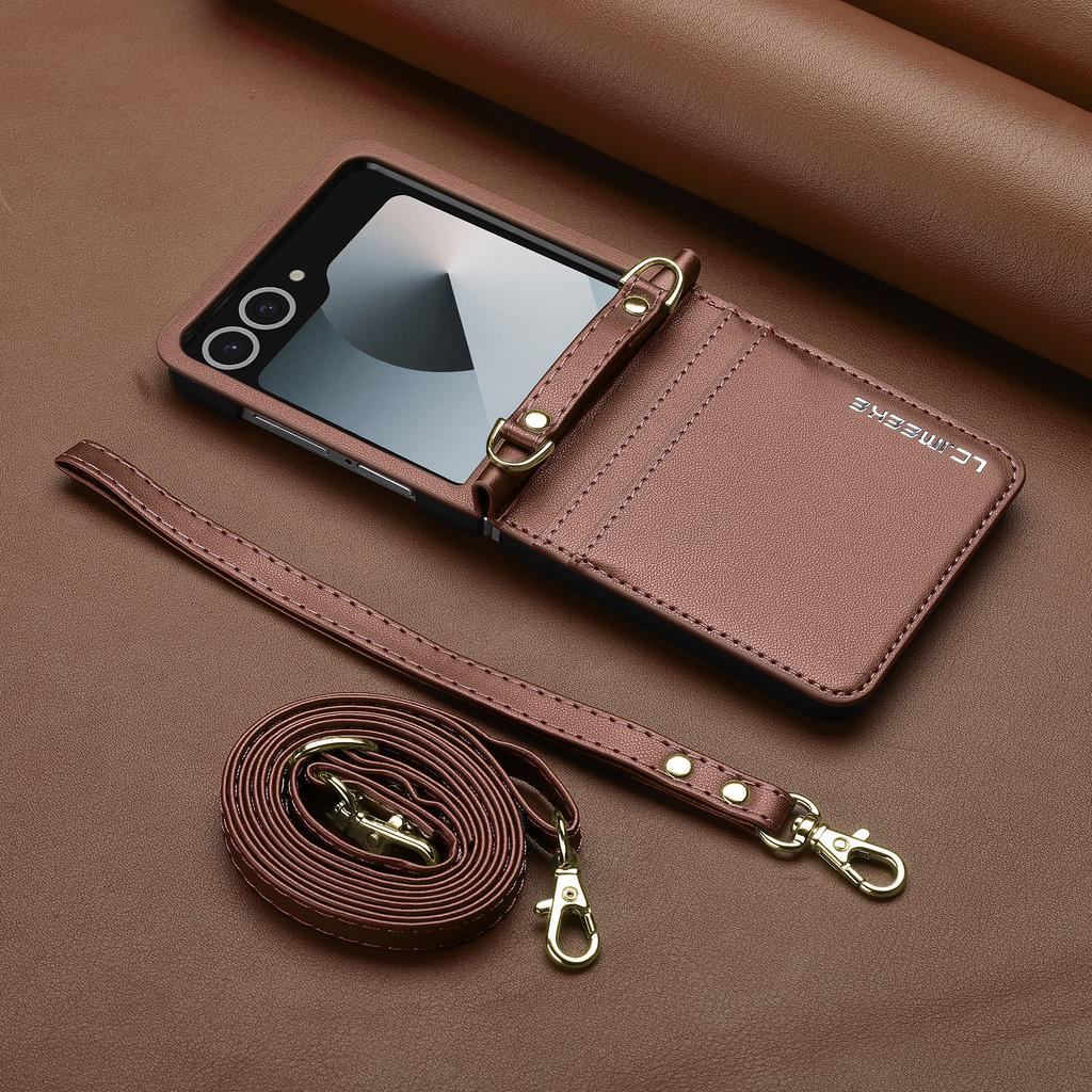 Crossbody Cards Solt Wallet Leather Case For Samsung Galaxy Z Flip 7 6 5 4 5G 3 7FE Flip7 Bag Strap Long Lanyard Business Cover