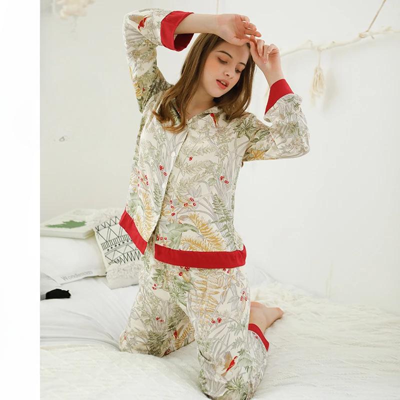 Conjunto de Pijama de Satén de Manga Larga Casual de Primavera Estampado de Hierba Verde Ropa de Dormir Ropa de Descanso para Mujer Cuello Vuelto Pijama