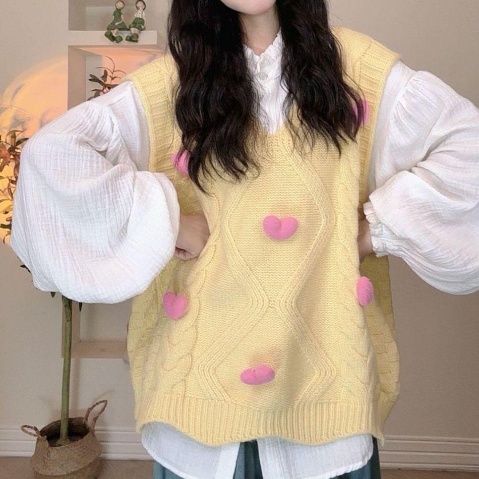 

Женский декоративный жилет 3D в форме сердца, милый женский жилет с V-образным вырезом, однотонный, осенний, свободный, универсальный женский пуловер-свитер Onesize жёлтый