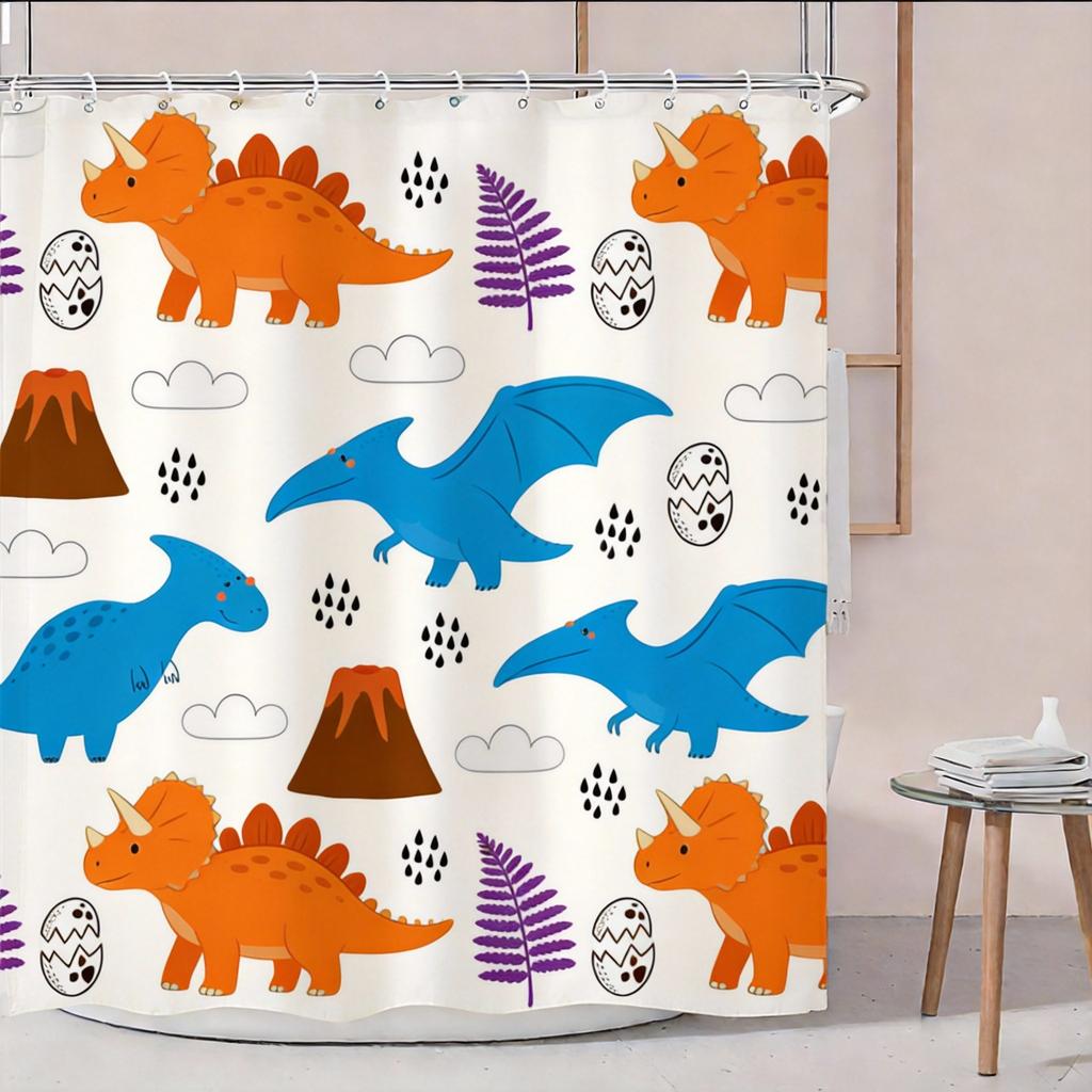 Cute Dinosaur Shower Curtain Green Cartoon Dinosaurs Print For Kids Bathroom Decor Polyester Bath Curtain With Hooks