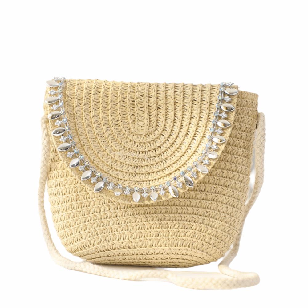 

Fashion Diamond Design Straw Bag Knit Texture Half Round Crossbody Handbag Mini Handbag Woven Rattan Messenger Bag Kids Girls бежевий