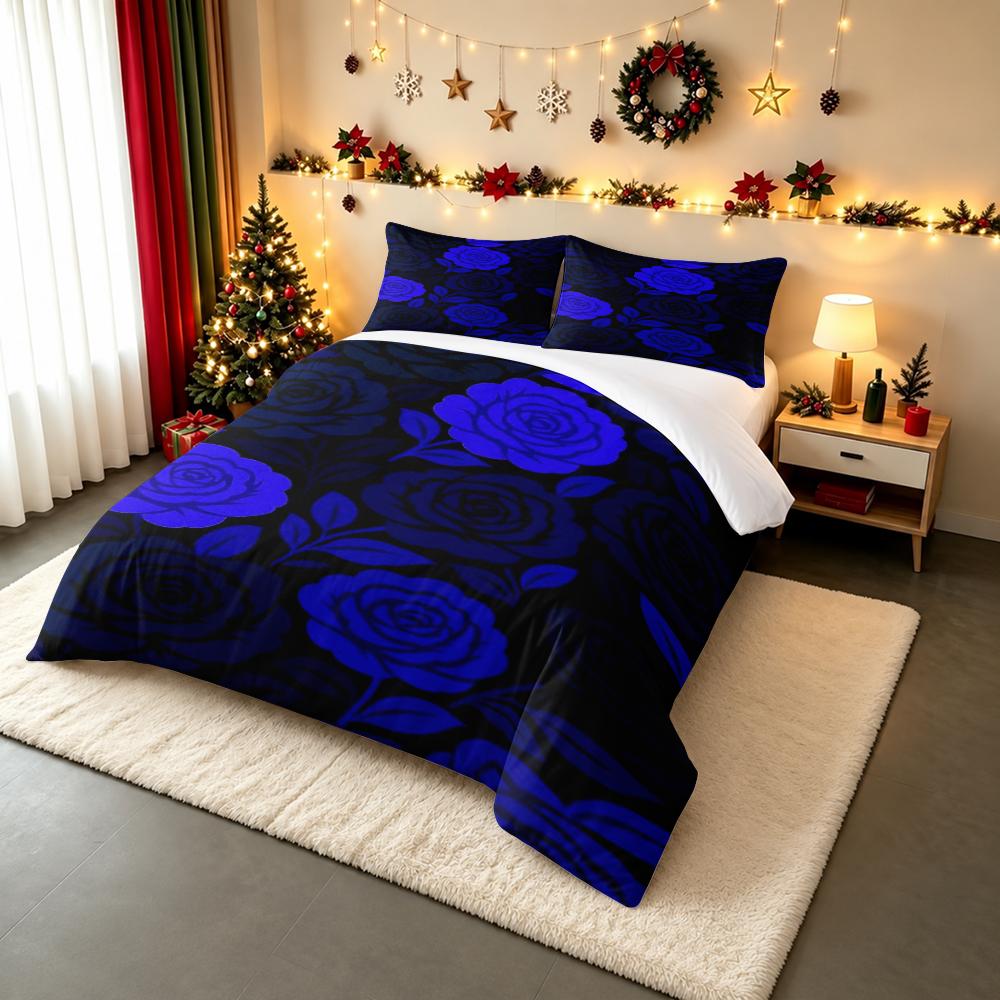 Dark Blue Rose Floral Bedding set (1 duvet cover, 2 pillowcases, duvet not included), Moody Navy Flower Pattern Botanical Art Print