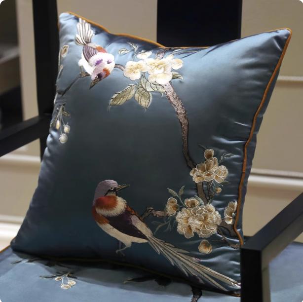 Chinesischer Stil Rosenmuster Seidenkissenbezug Chinesischer Stil Kaffee Lack Blau Kissenbezüge Luxus Vögel Blumen Kissenbezug