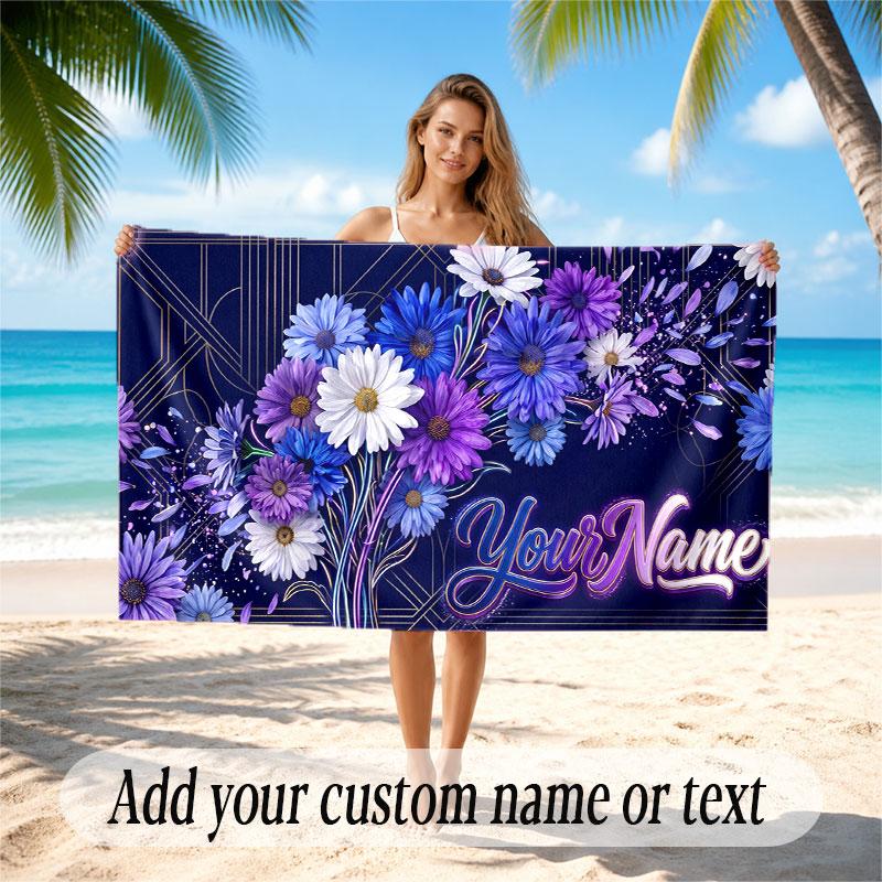 Floral Garden Theme Soft Beach Towel Personalized Custom Name Text Towel Portable for Beach Pool Travel