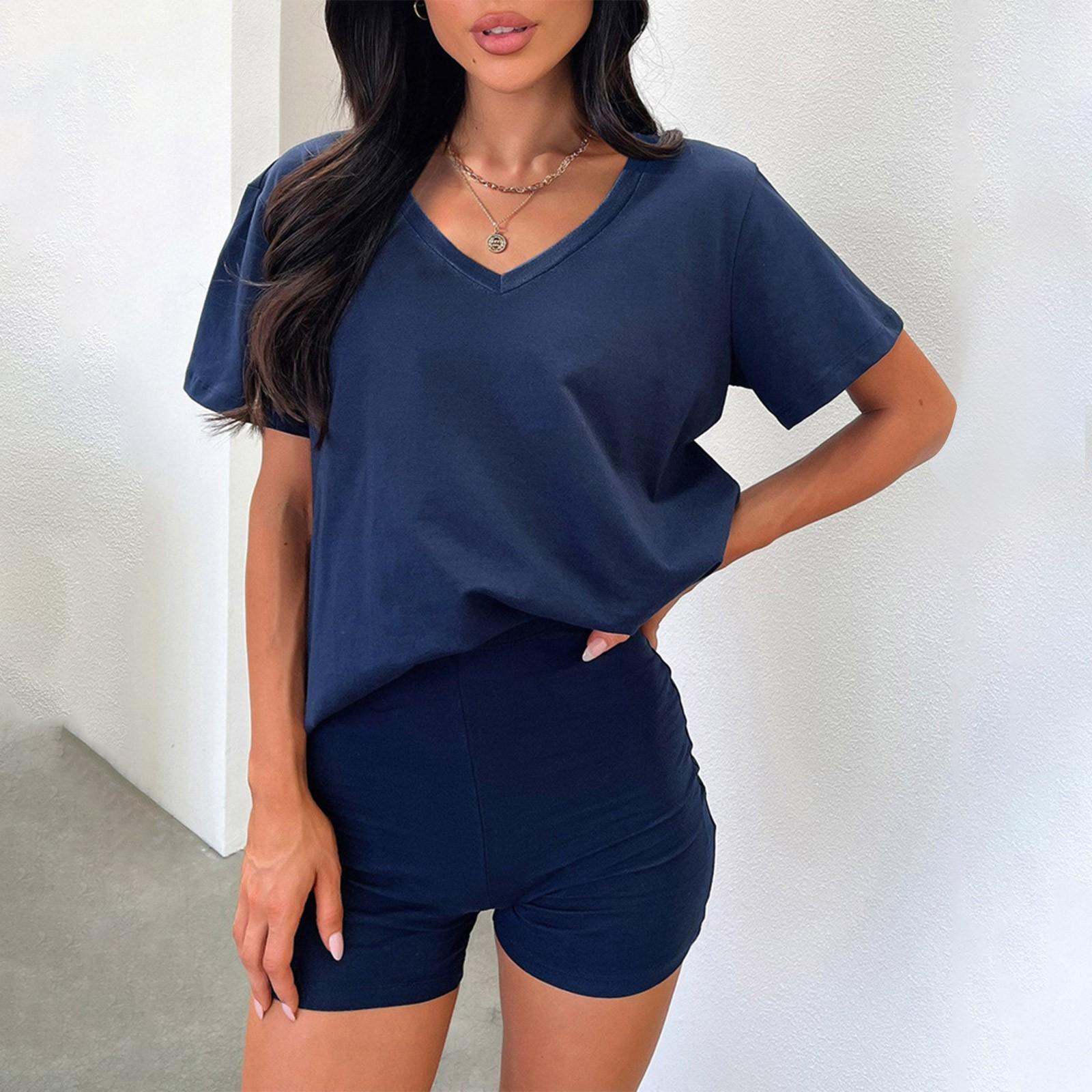 

Модный костюм с короткими рукавами и V-образным вырезом, повседневный, с короткими рукавами L тёмно-синий