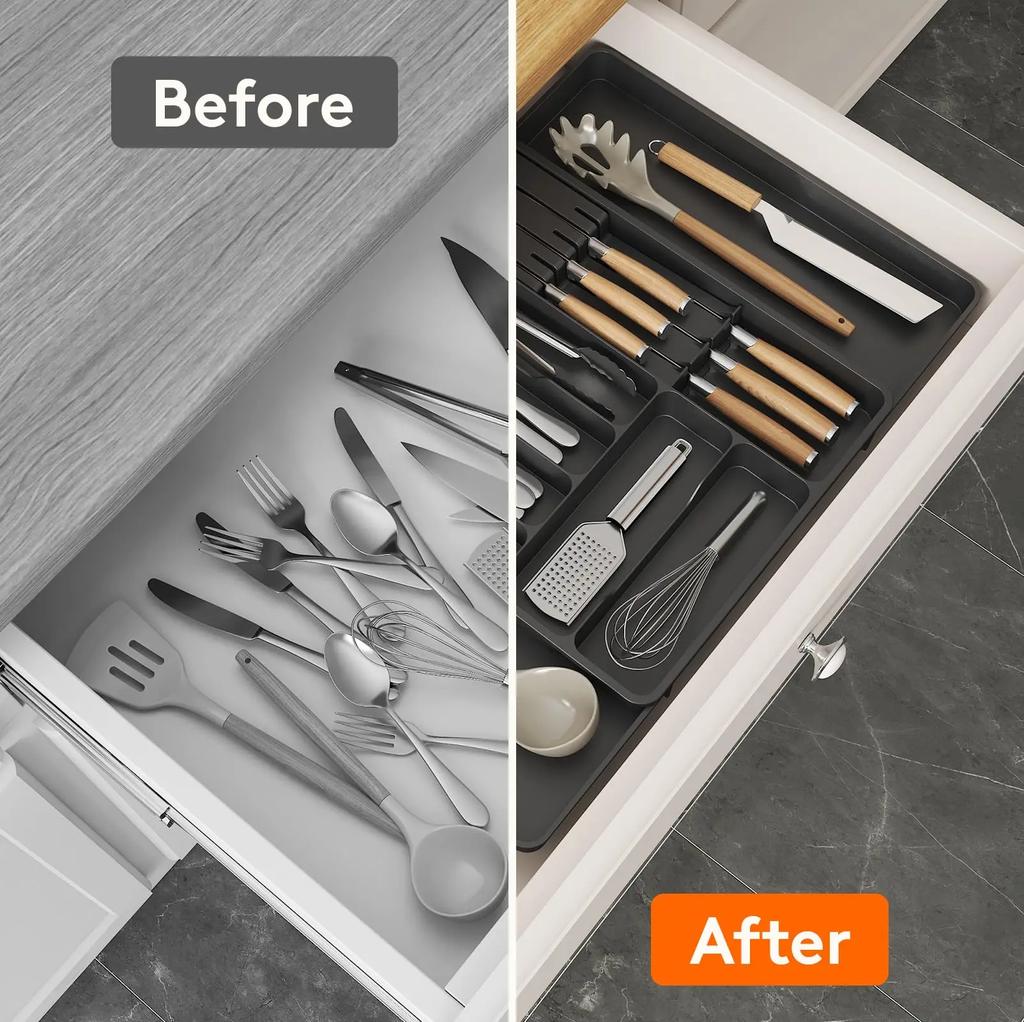 Silverware Drawer Organizer Expandable Utensil Tray with Removable Knife Block Utensil Storage Trays for Knives and Forks