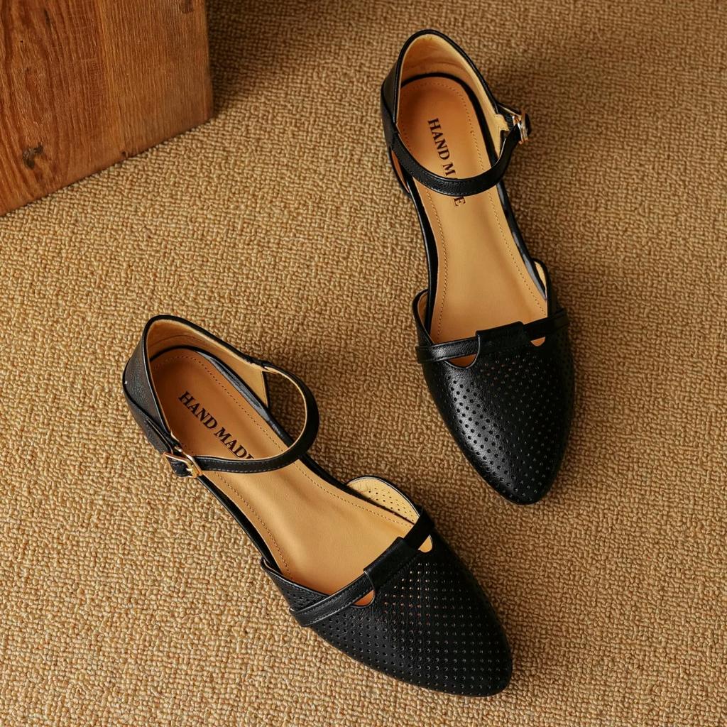 Fashion 2025 women's sheepskin mix color patchwork hollow-out ankle strap flats sandals pointed toe casual  summer shoe