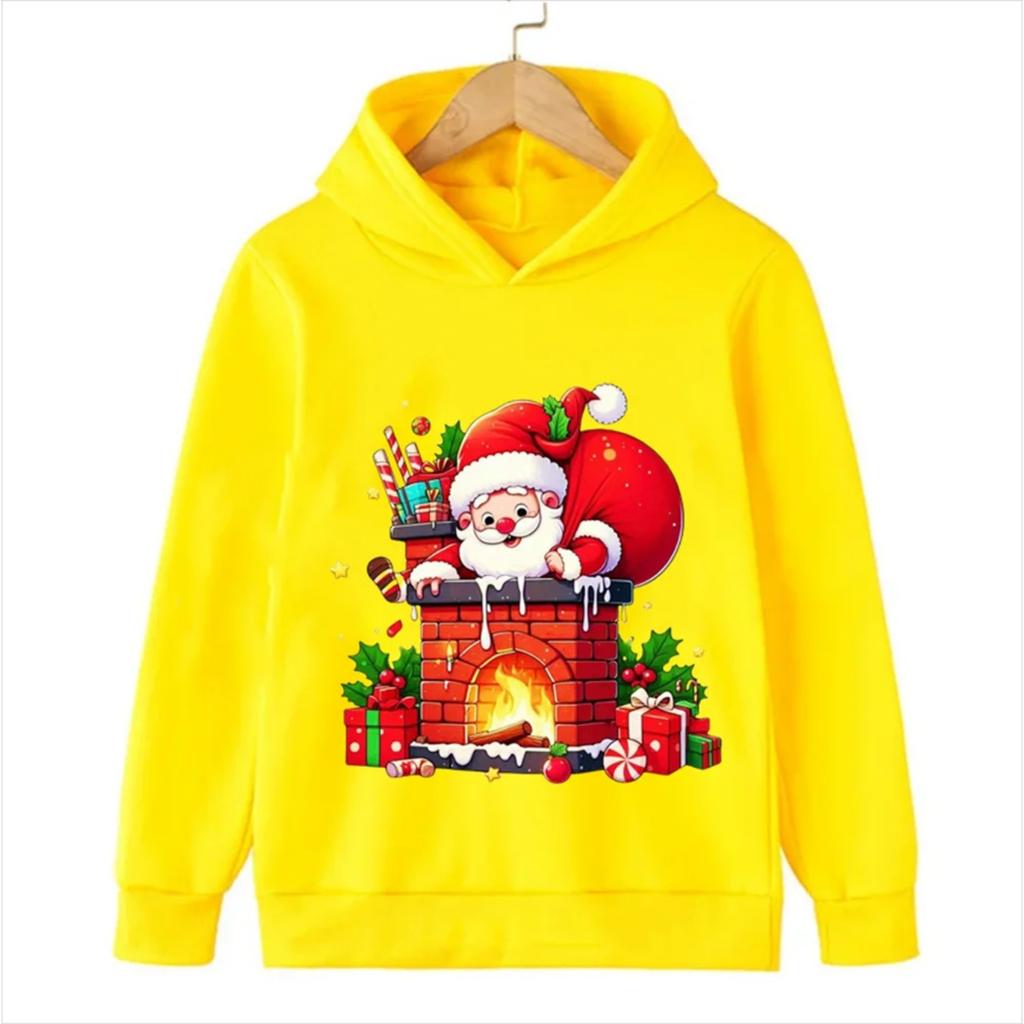 2025 Christmas Cute Christmas Chimney Festival Dress Up Girl Autumn/Winter Hoodie Hoodie Suitable for Children Aged 4-14 Warm Top