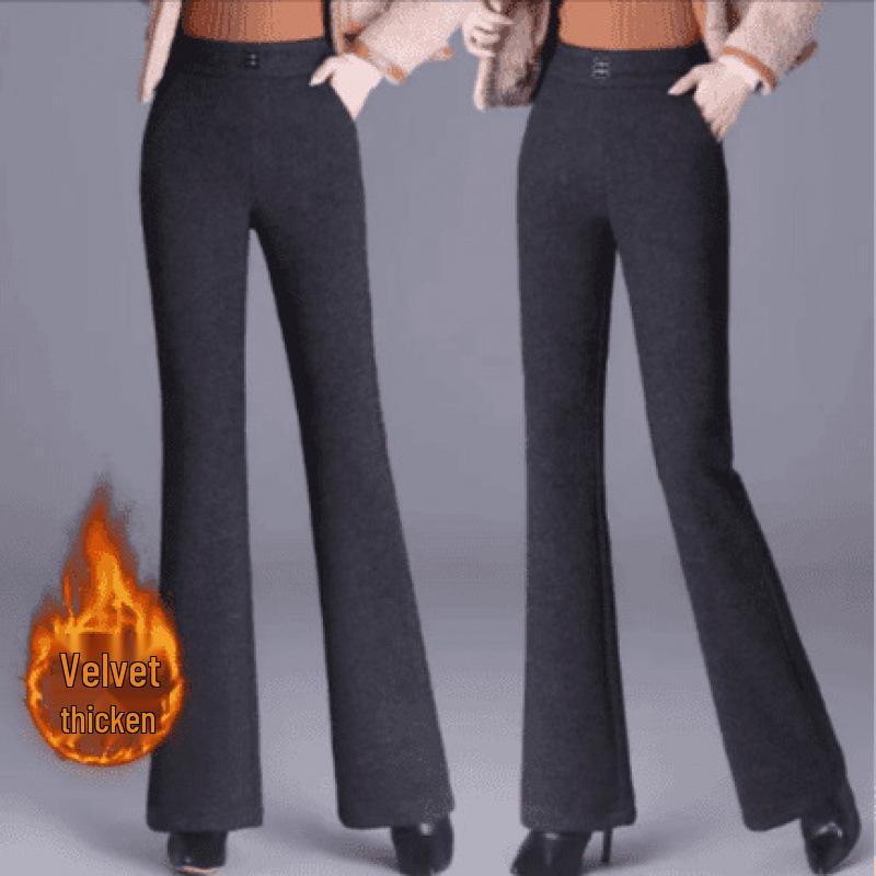 High-Waisted Slimming Women's Plus Velvet Micro-Flare Pants - Elastic Waist & Fashionable Casual Wear for Autumn/Winter