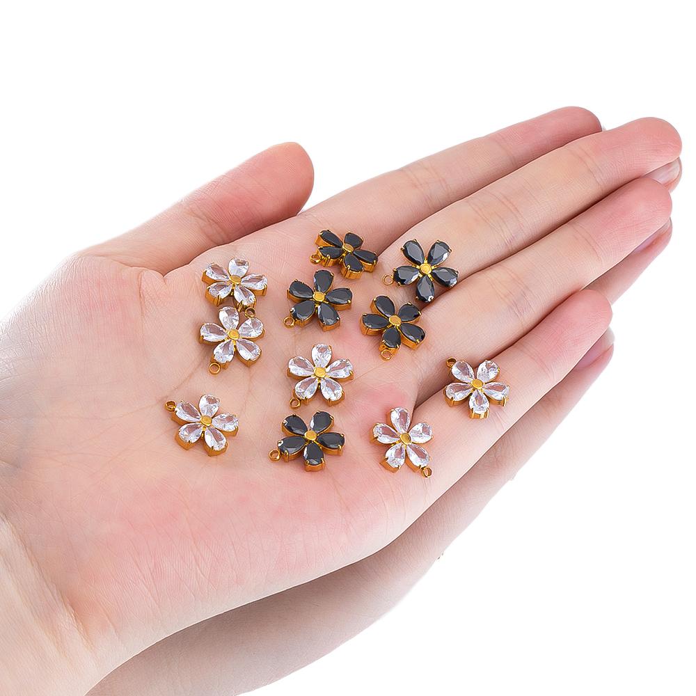 2Pcs Fashion Black White Heart Flower Earrings Charms Golden Plated Stainless Steel Zirconia Petal Pendant Necklace DIY Findings