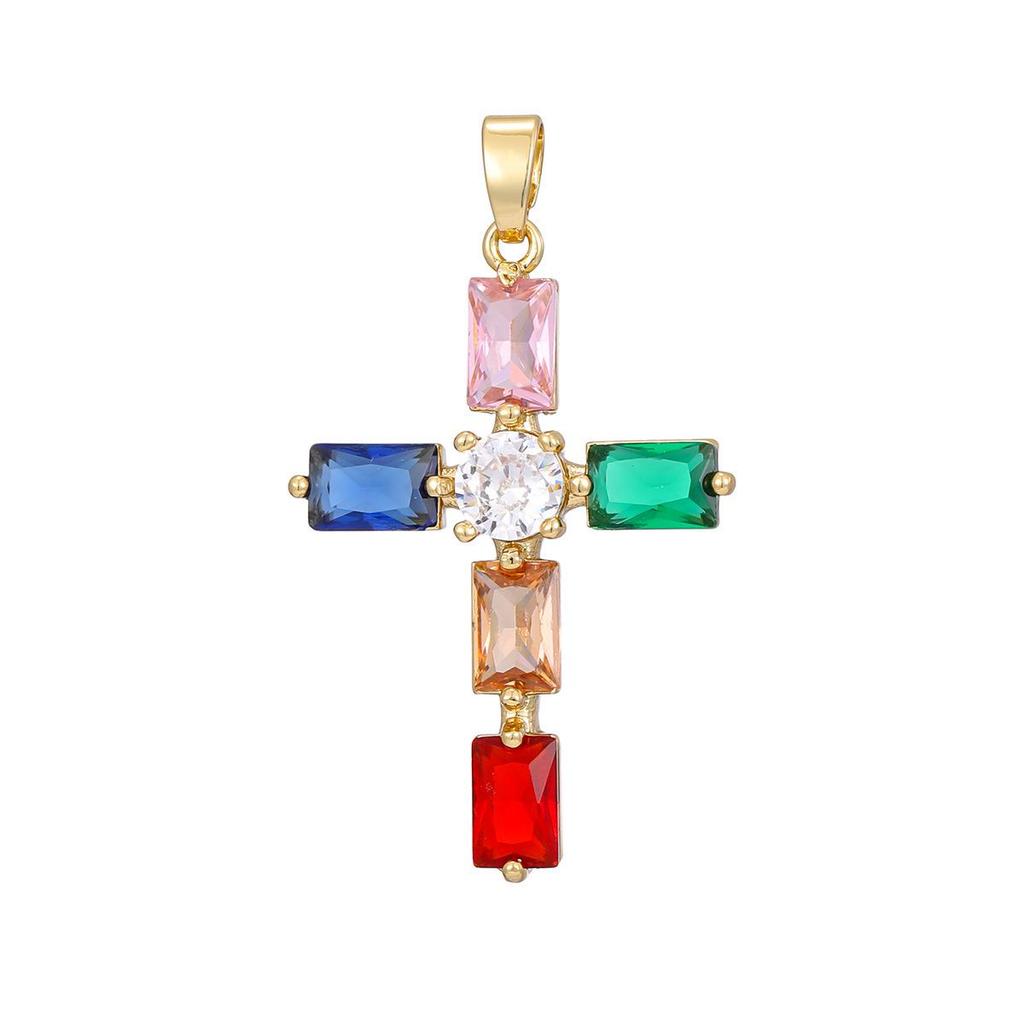 Gold-Plated Multi-Color Zirconia Cross Necklace with Full Diamond Design