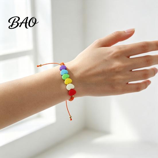Fashionable Stackable Bracelet Colorful Hearts Bracelet, Handmade Braided Cord String Adjustable Sweet Aesthetic Hand Ornament Heart Shaped Clay Beads