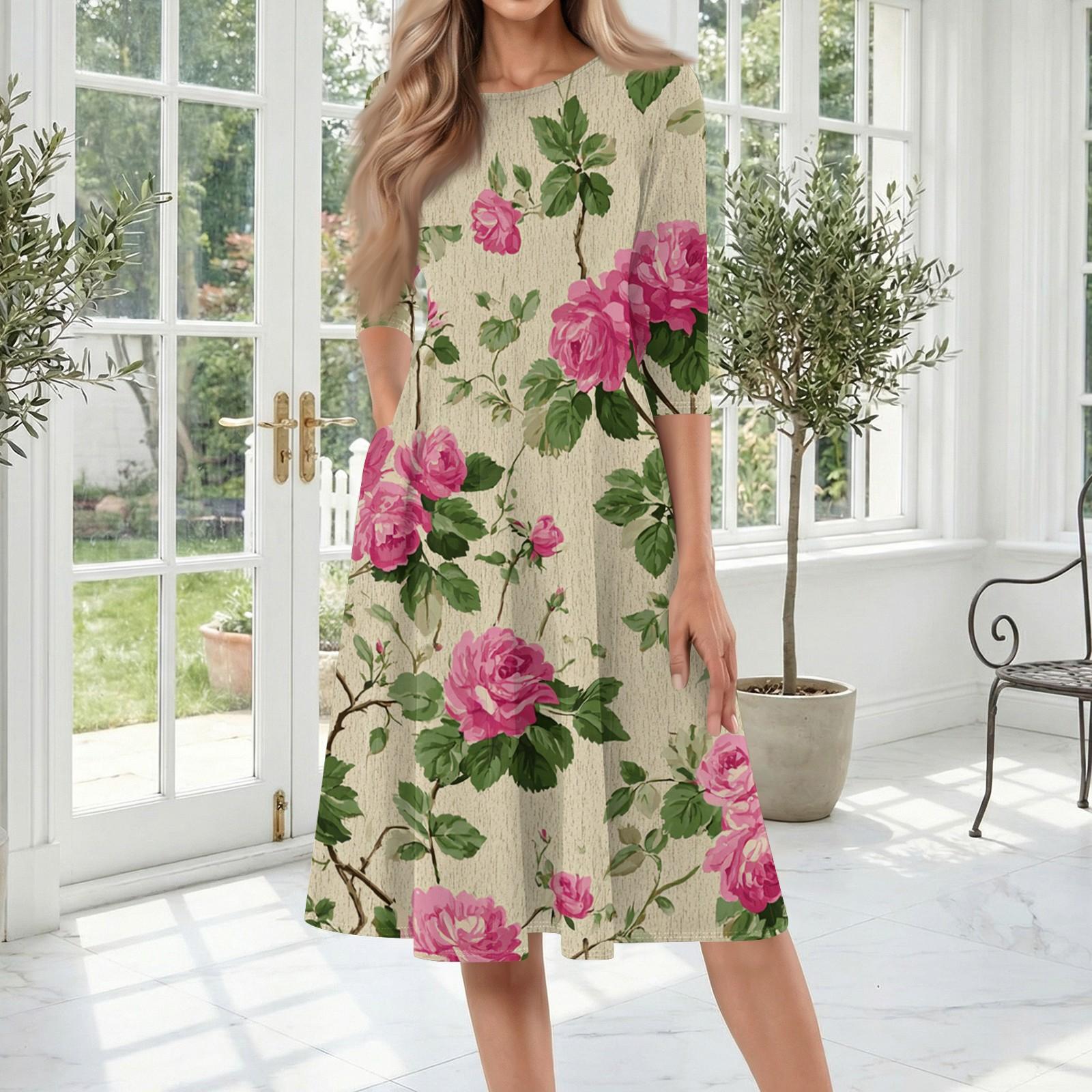 

Women s Casual Fashion Floral Print Midi Dress Three Quarter Sleeve Round Neck Comfortable Fit Lightweight Material XL рожевий
