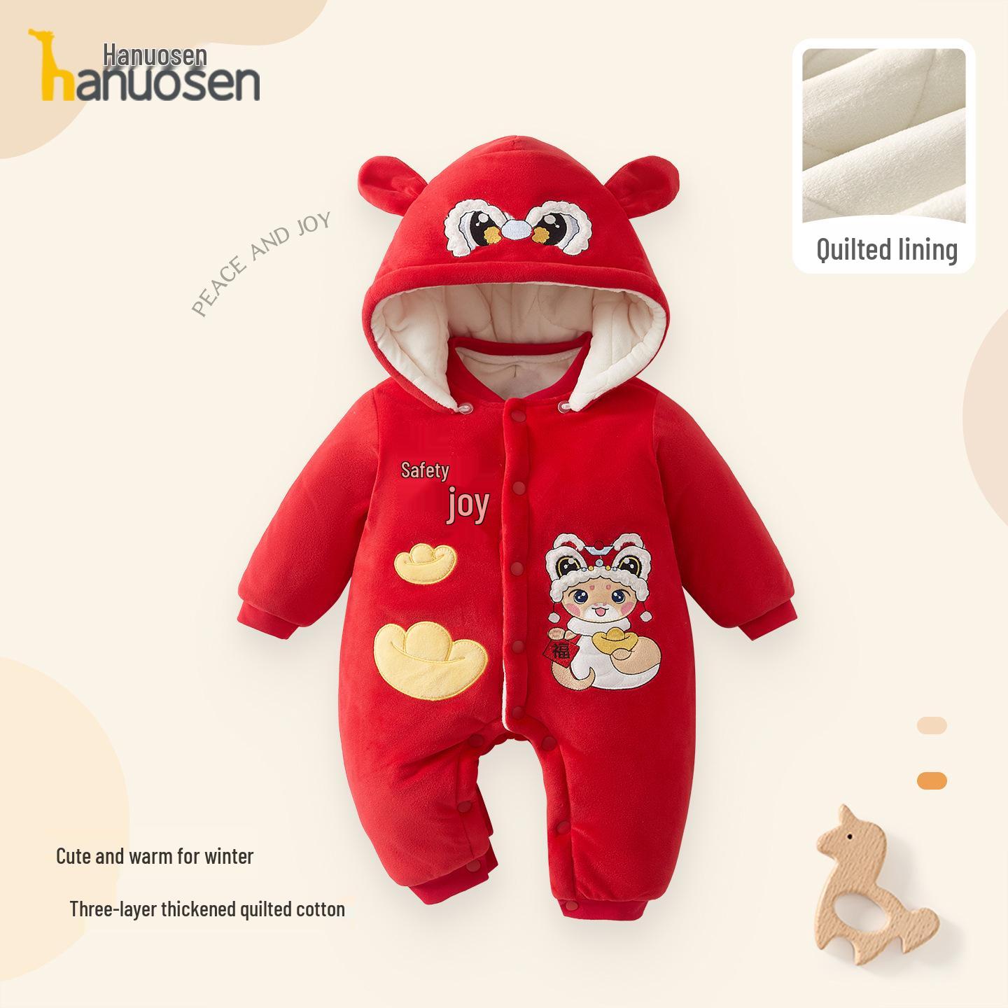 

Red Hooded Cotton Baby Bodysuit, Winter Festive, with Plus Velvet, Thickened for Warmth, Perfect for New Year s Greetings and Crawling 73 cm