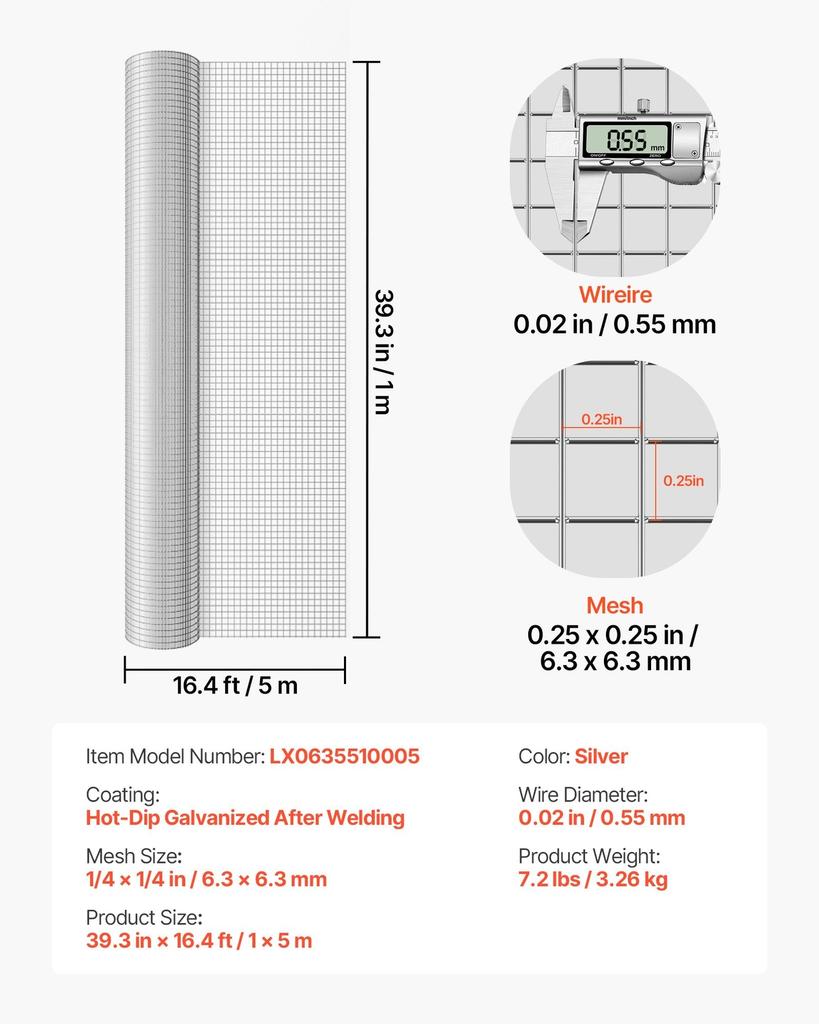 Hardware Cloth, 6.3 Mm 1 X 5 M 0.55 Mm Diameter Chicken Wire Fence, Hot-Dip Galvanized After Welding Metal Wire Mesh Roll, Garden Plant Welded Fencing