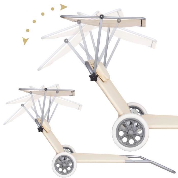 Chaise longue - SPRINGOS - Inclinable - Pliable - Avec roues et pare-soleil - Jardin