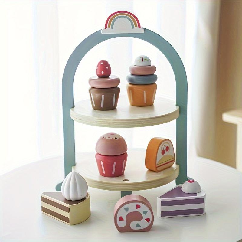 Wooden Cake Pop Shop Playset ,8 Piece Pretend Play Food Toy with Multi-Tiered Dessert Tower Educational Kitchen Roleplay Set for Kids 3+