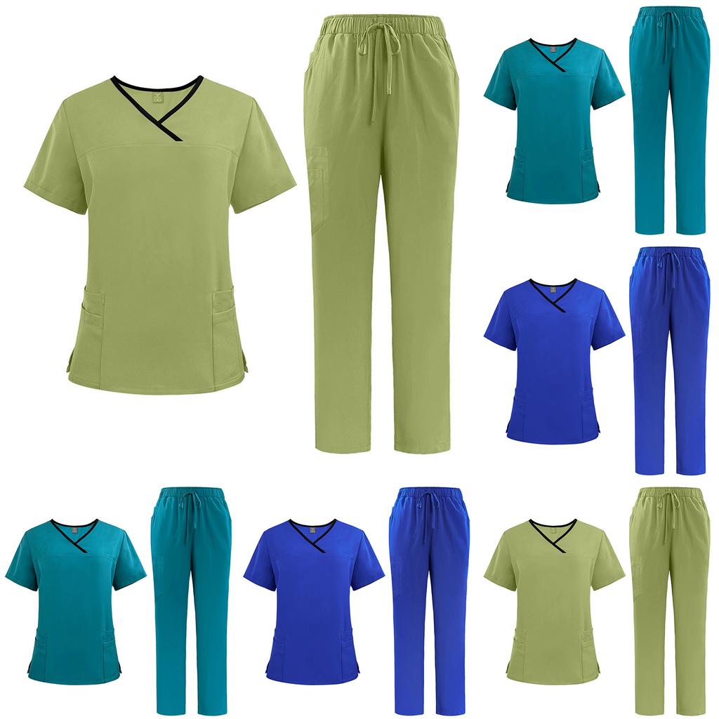 Women's Quick Drying Fabric Color V-neck Pocket Short Sleeved Pants Set Workwear