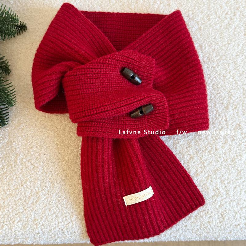 Pure Wool Horn Button Scarf Solid Color Small Scarf Cross Ladies Lazy Warm Autumn and Winter Collar