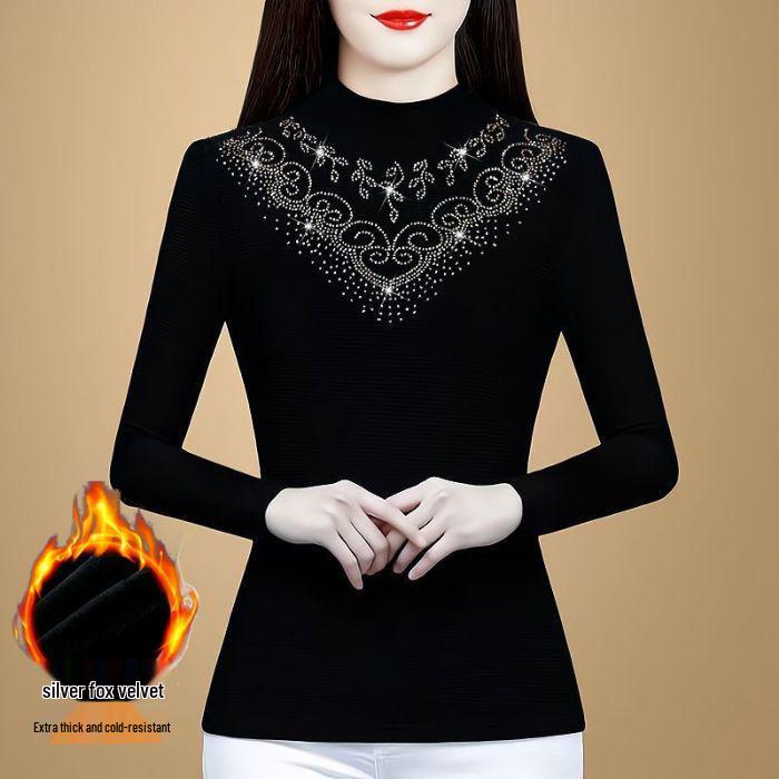 2024 Autumn/Winter Fleece-Lined Slimming Plus Size Long Sleeve Semi-High Neck Blouse