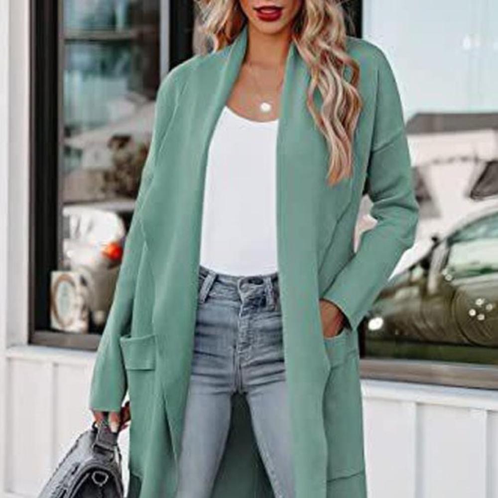 2025 Women's Autumn Casual Loose Solid Color Long Cardigan Pocket Woolen Coat