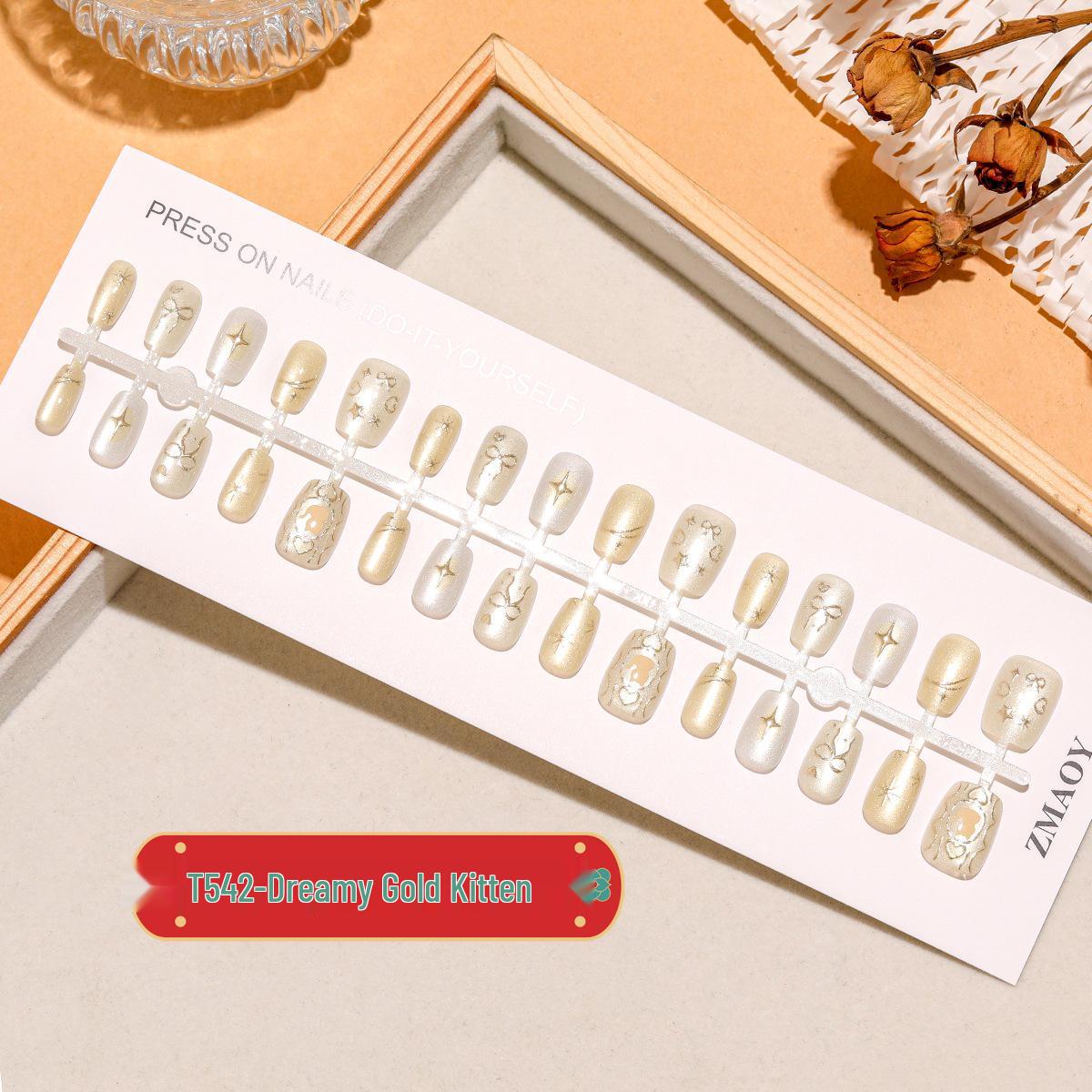 

Dreamy Gold Kitten Ladder Cat Eye Ombre Nail Patches: 30 Autumn Leaf Yellow Gilded Bow Pieces Full Set XS/S/M