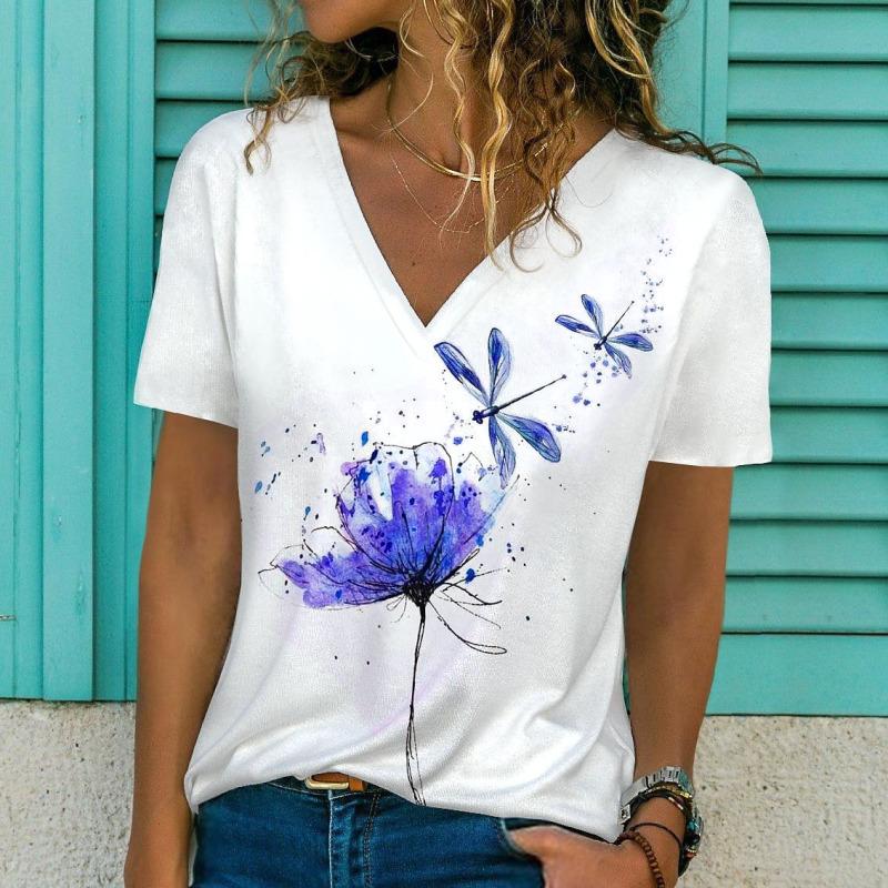 Sommer Kvinner Kortermet V-hals Oversized T-skjorte for kvinner Hvit mote T-skjorte for kvinner 3d Dragonfly Print Topp Uformelle klær
