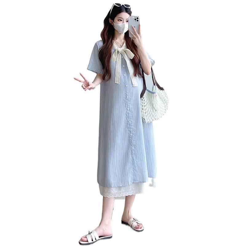 Striped Lace Patchwork Bow Maternity Dress