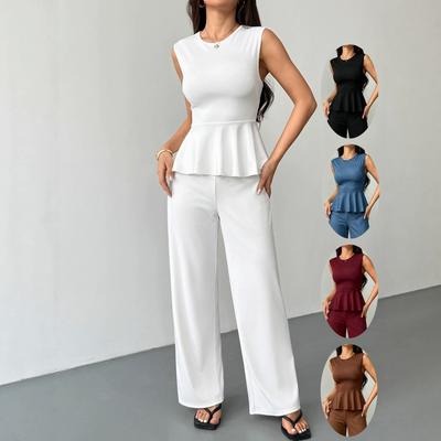 European and American Women's Clothing Fashion Casual Suit Sleeveless Top Trousers New Solid Color Old Money Style Suit