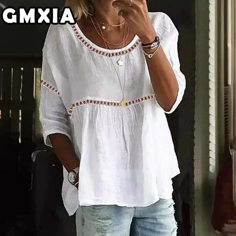 

GMXIA Женские Модные Повседневные Блузки и Рубашки с Коротким Рукавом и Круглым Вырезом, Однотонные с Принтом XXL белый
