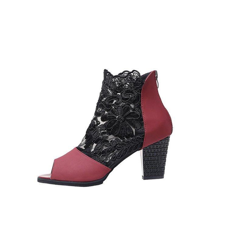 Damen Sommer und Herbst Neu Mesh Hohl Fischmaul Damen Sandalen Große Größe Dicker Absatz Atmungsaktive Spitze High Heels