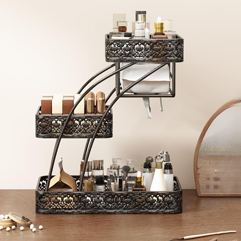 

3-Tier Makeup Organizer with Tissue Dispenser, Metal Bathroom Countertop Storage Rack for Cosmetics, No Assembly Required