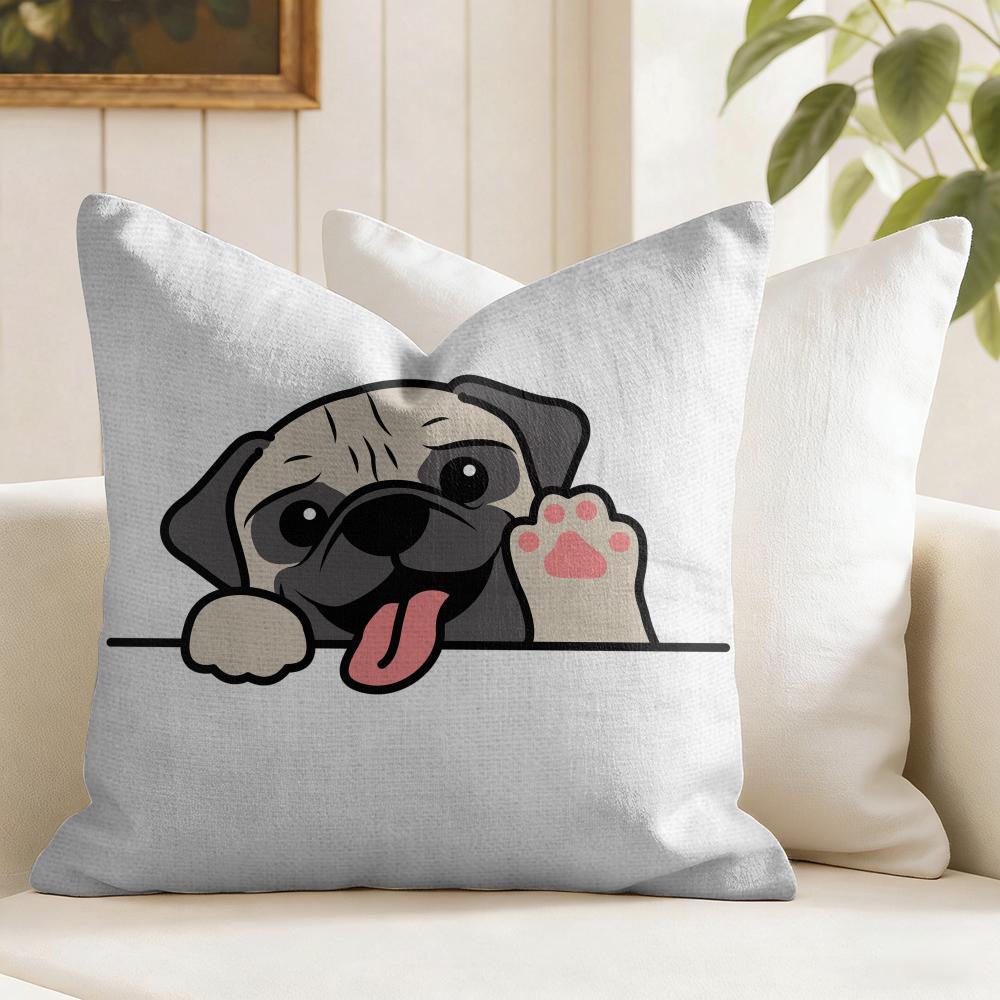 Cute Dog Waving Paw Cushion Cover Eco Linen Pillow Case DoubleSided Print Breathable Durable Zipper Home Decor Gift