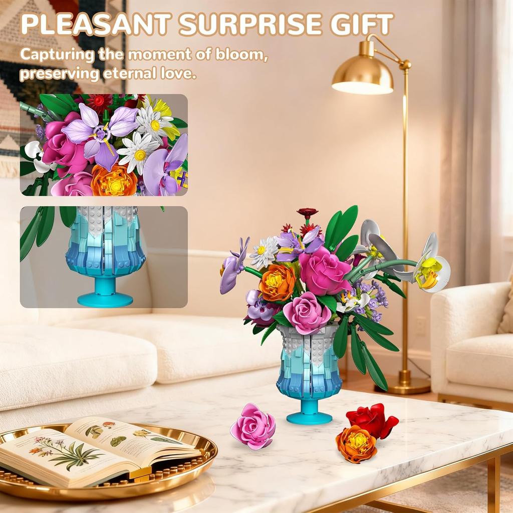 Roses Flowers Bouquet Building Set, Artificial Flore with Vase Compatible with Lego Botanical Collection for Women Adults Home Office Decor