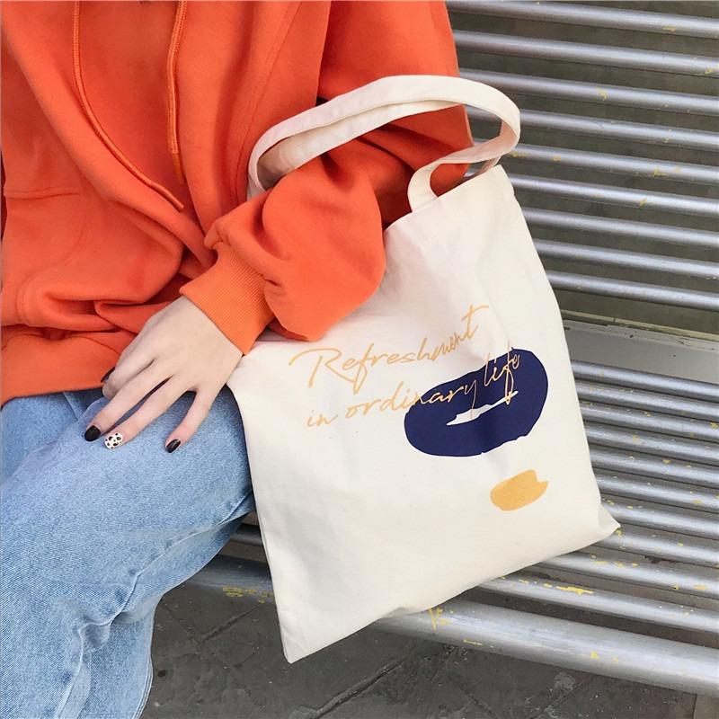 1 Canvas Bag, Hand-held Shoulder Bag, Color Block, Letter Graffiti Shopping Bag, Schoolgirl Tao