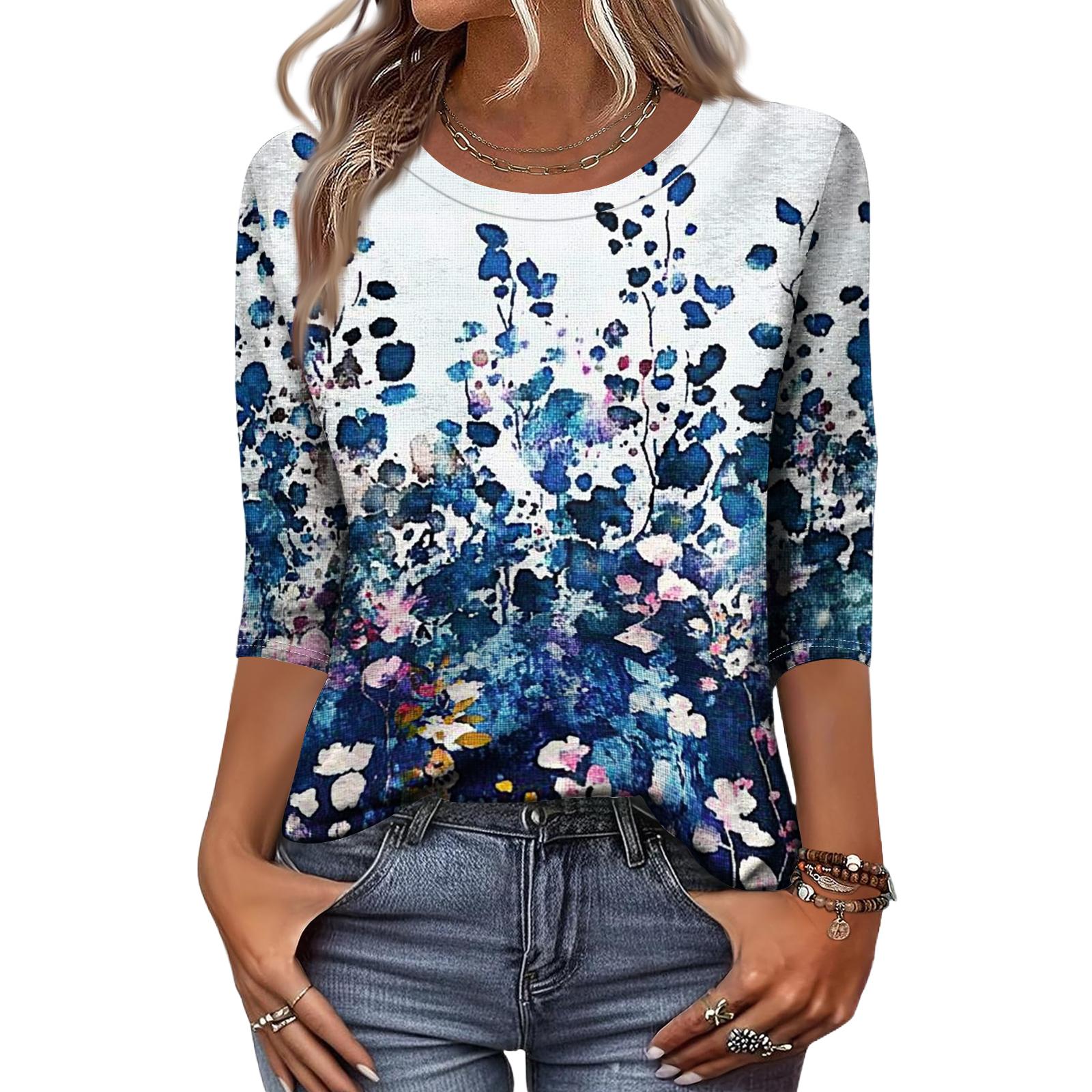 

Women s Fashion Casual Round Neck 3/4 Sleeve Loose Printed T-Shirt Ladies Top L синий