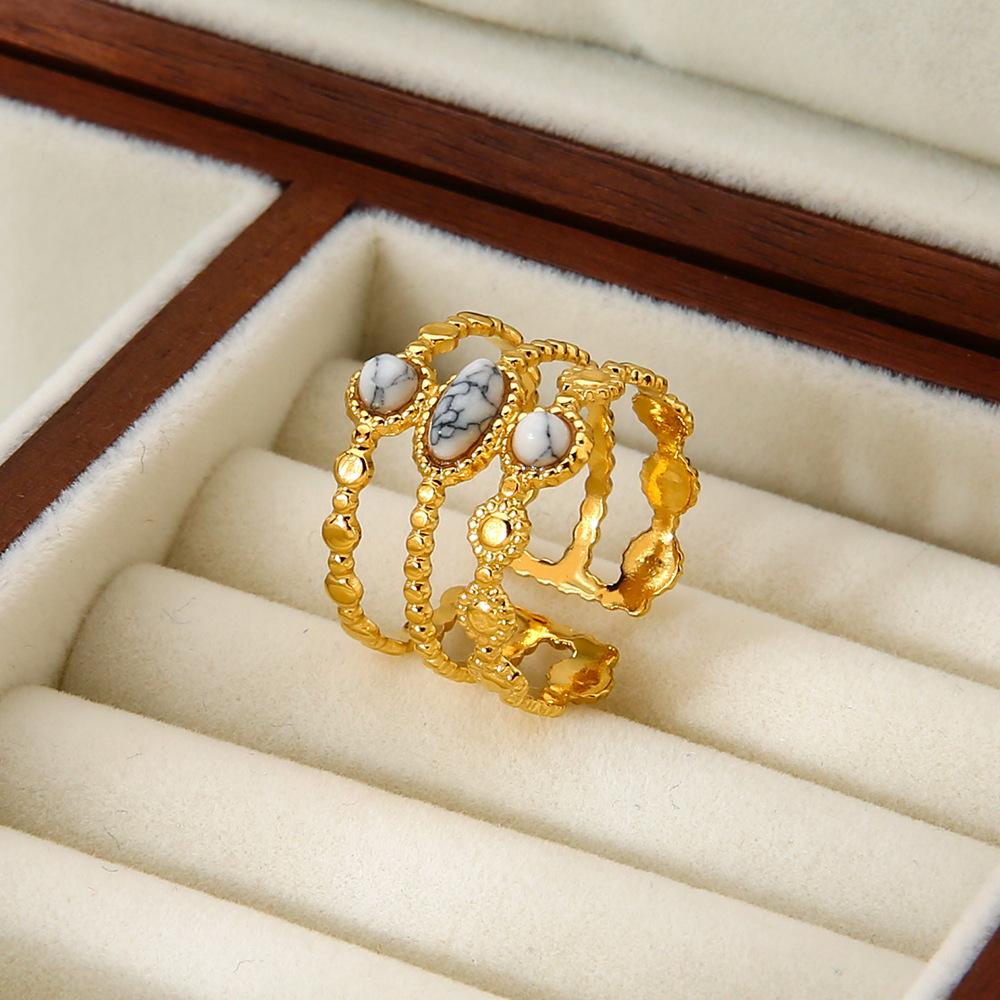 European and American Retro Court Geometric Turquoise Natural Stone Open Ring Stainless Steel Plated 18k Gold Three-layer Stacked Ring