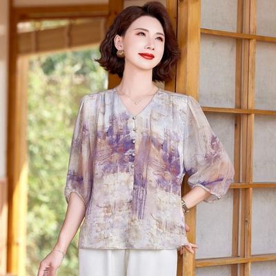 New Women's Splicing Socket V-neck Button Printing Fashionable Loose Versatile Casual Short-sleeved Top
